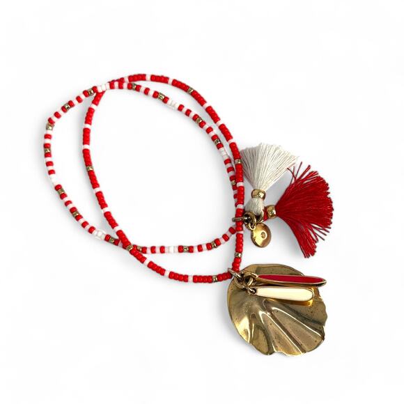 J Crew Beaded Stretch Bracelet Red and White Gold Tone Leaf Charm - Picture 4 of 6